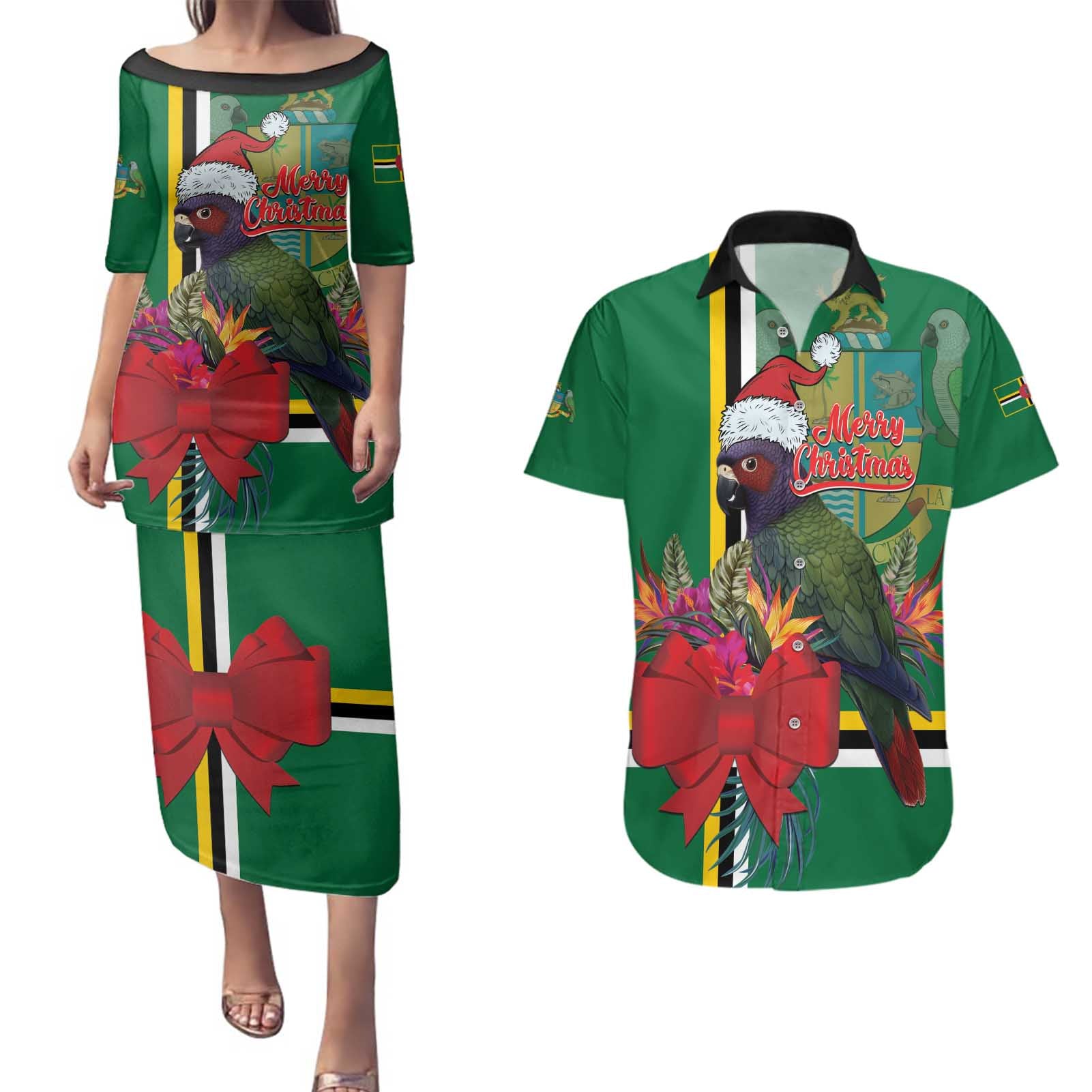 Dominica Christmas Coquette Bow Couples Matching Puletasi and Hawaiian Shirt Sisserou Parrot Tropical Flower - Wonder Print Shop