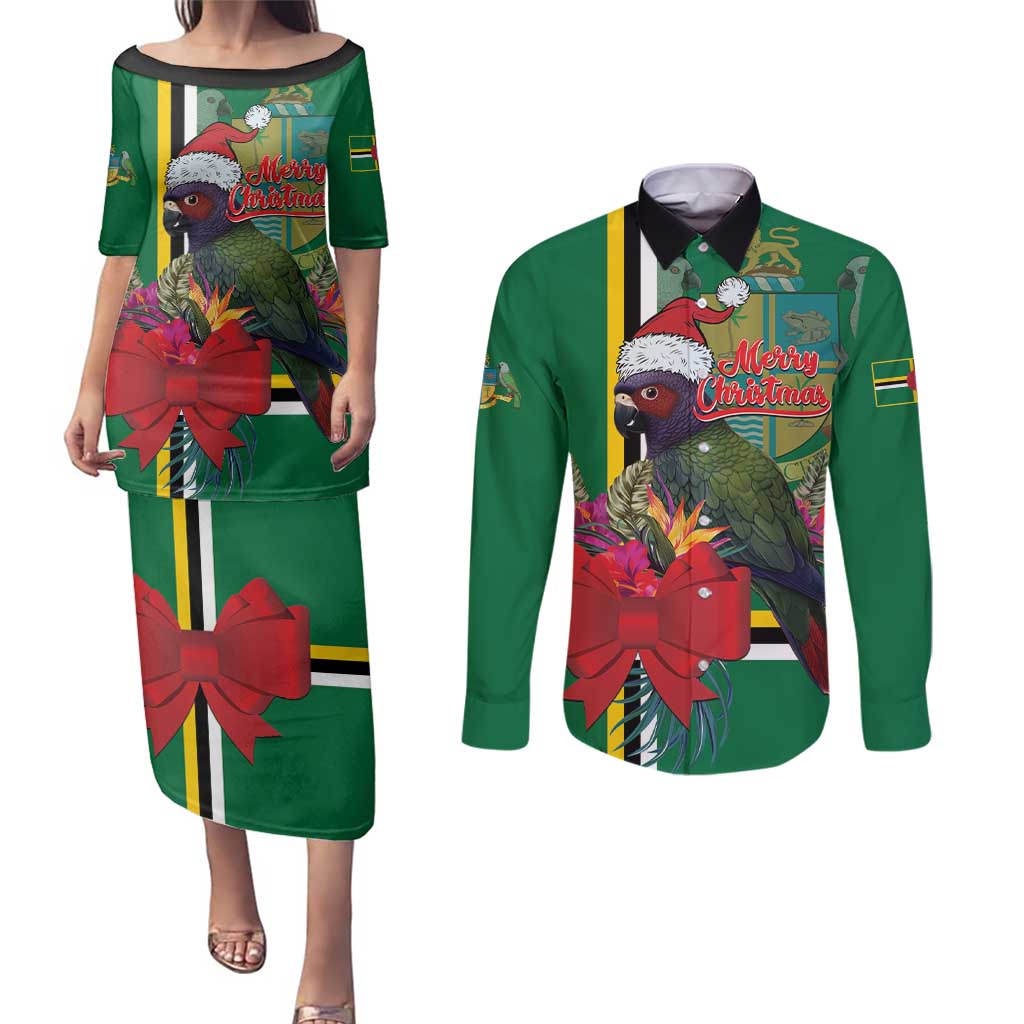 Dominica Christmas Coquette Bow Couples Matching Puletasi and Long Sleeve Button Shirt Sisserou Parrot Tropical Flower - Wonder Print Shop