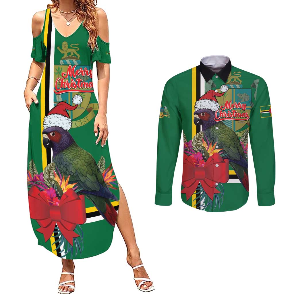 Dominica Christmas Coquette Bow Couples Matching Summer Maxi Dress and Long Sleeve Button Shirt Sisserou Parrot Tropical Flower - Wonder Print Shop