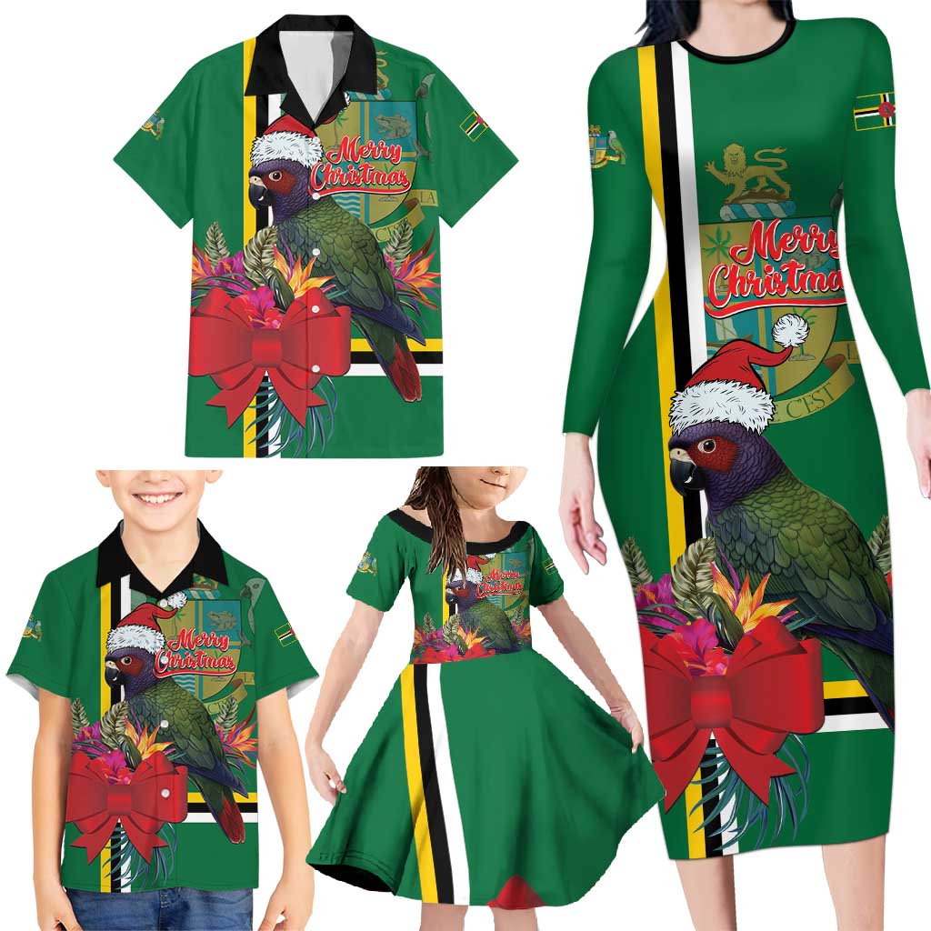 Dominica Christmas Coquette Bow Family Matching Long Sleeve Bodycon Dress and Hawaiian Shirt Sisserou Parrot Tropical Flower - Wonder Print Shop