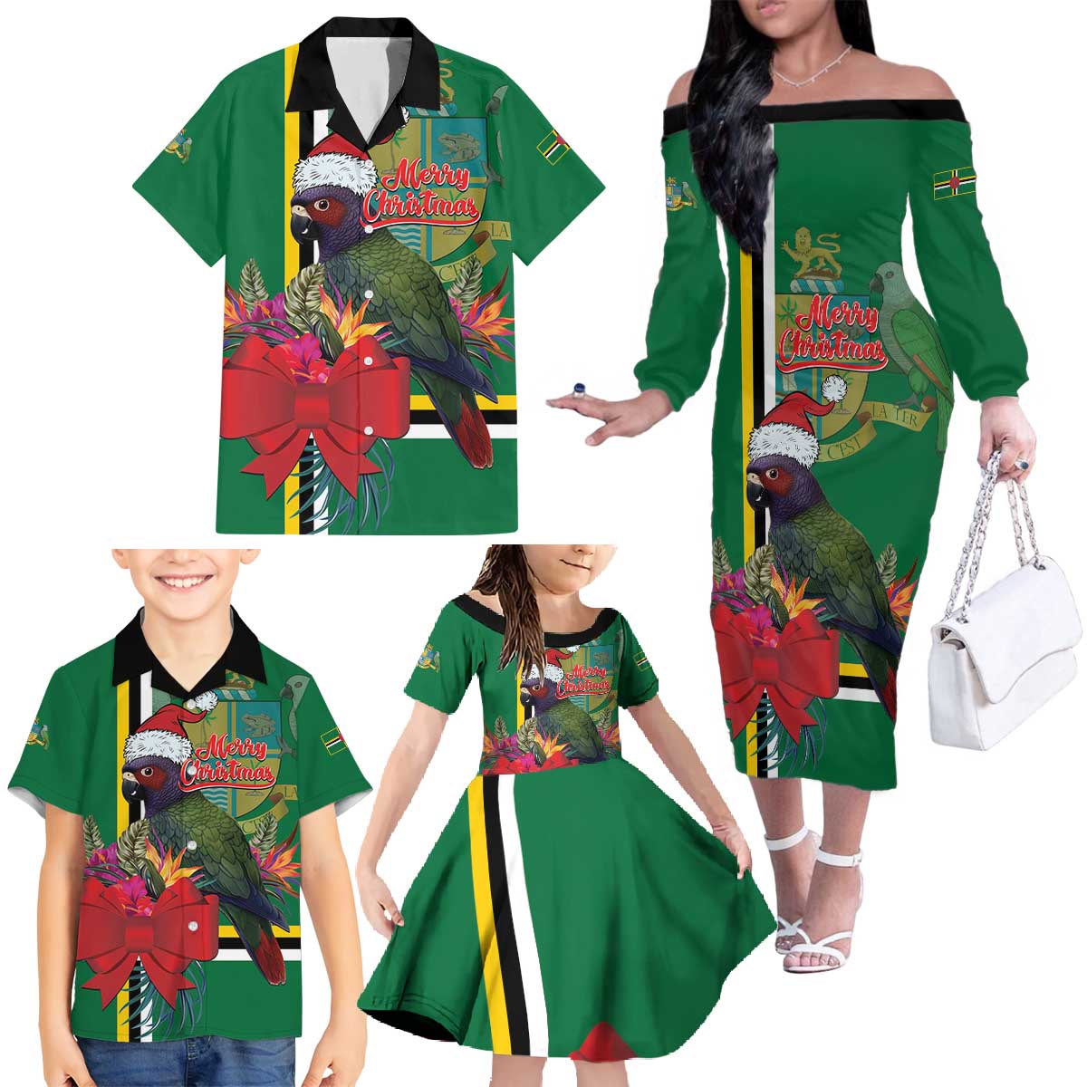 Dominica Christmas Coquette Bow Family Matching Off The Shoulder Long Sleeve Dress and Hawaiian Shirt Sisserou Parrot Tropical Flower - Wonder Print Shop