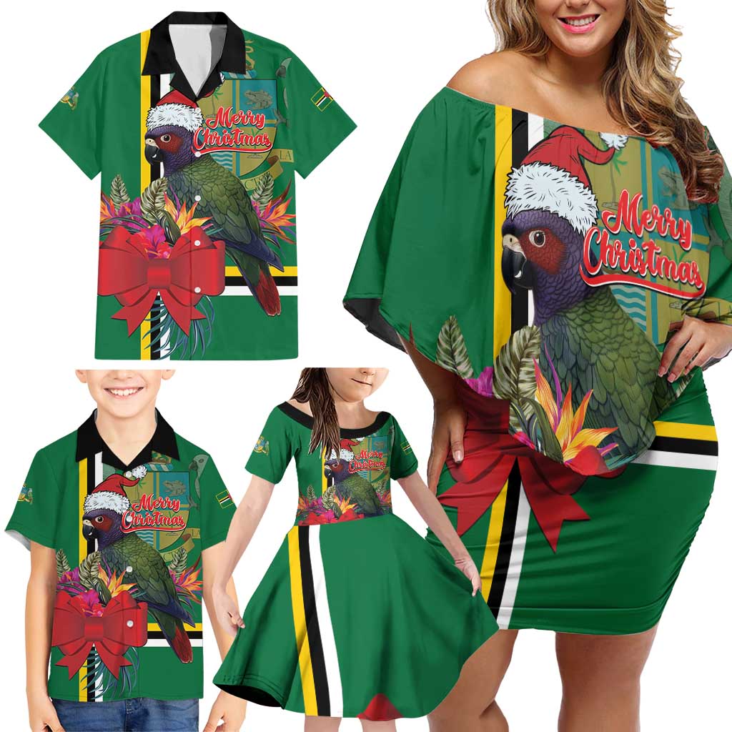 Dominica Christmas Coquette Bow Family Matching Off Shoulder Short Dress and Hawaiian Shirt Sisserou Parrot Tropical Flower - Wonder Print Shop