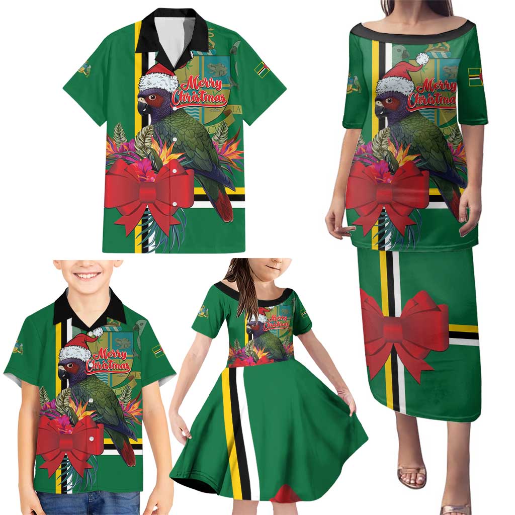 Dominica Christmas Coquette Bow Family Matching Puletasi and Hawaiian Shirt Sisserou Parrot Tropical Flower - Wonder Print Shop