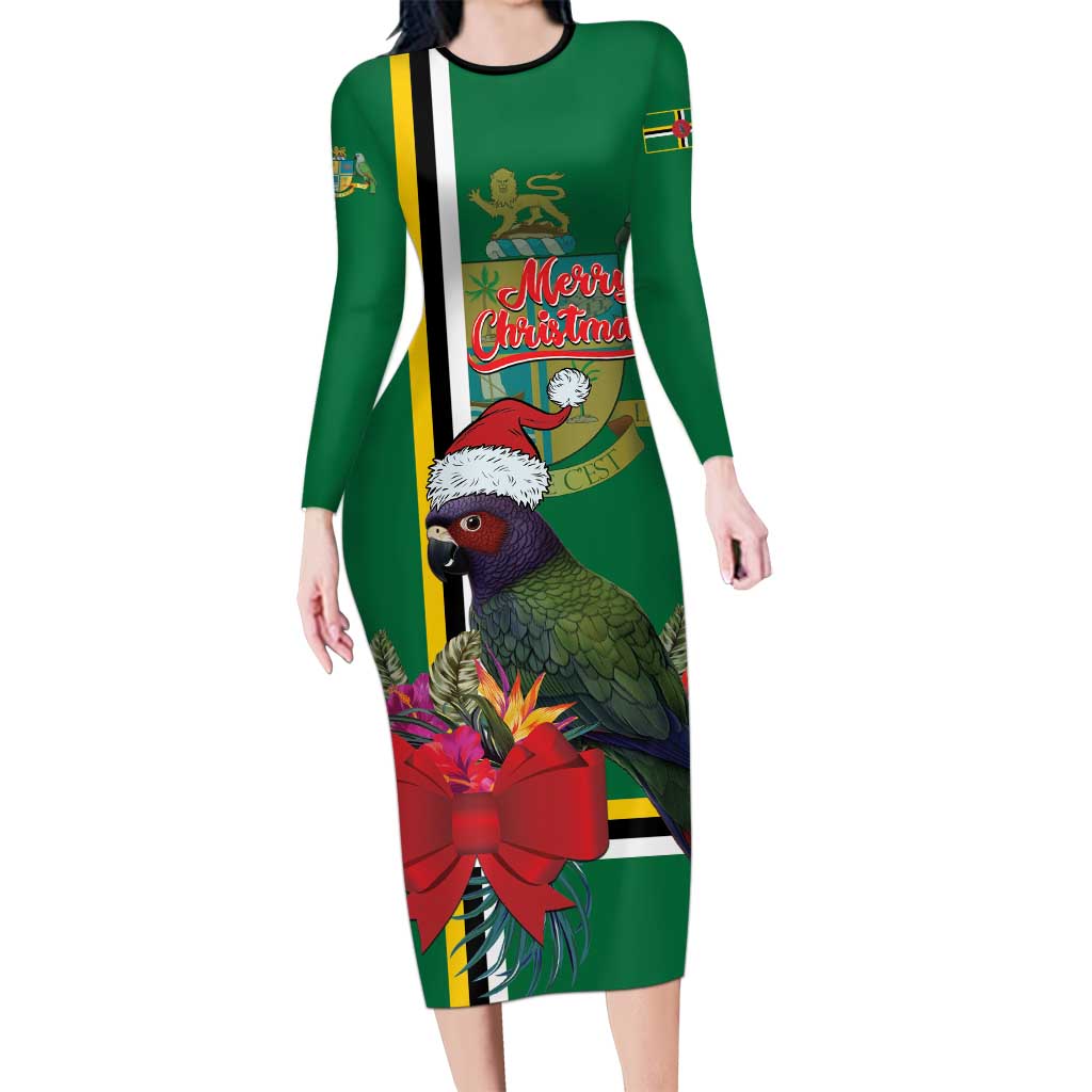 Dominica Christmas Coquette Bow Long Sleeve Bodycon Dress Sisserou Parrot Tropical Flower - Wonder Print Shop