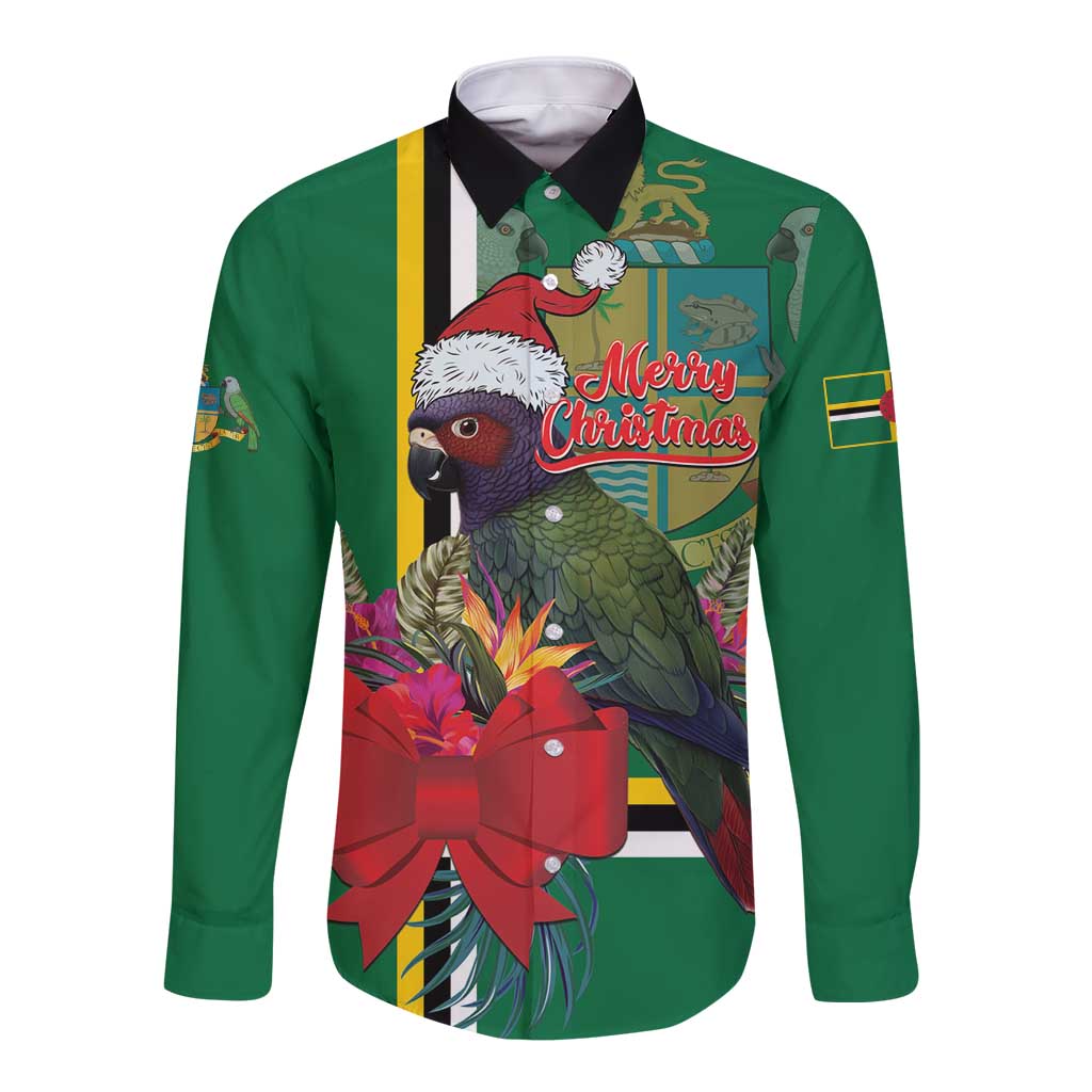 Green long-sleeve button shirt with colorful Christmas parrot front graphic