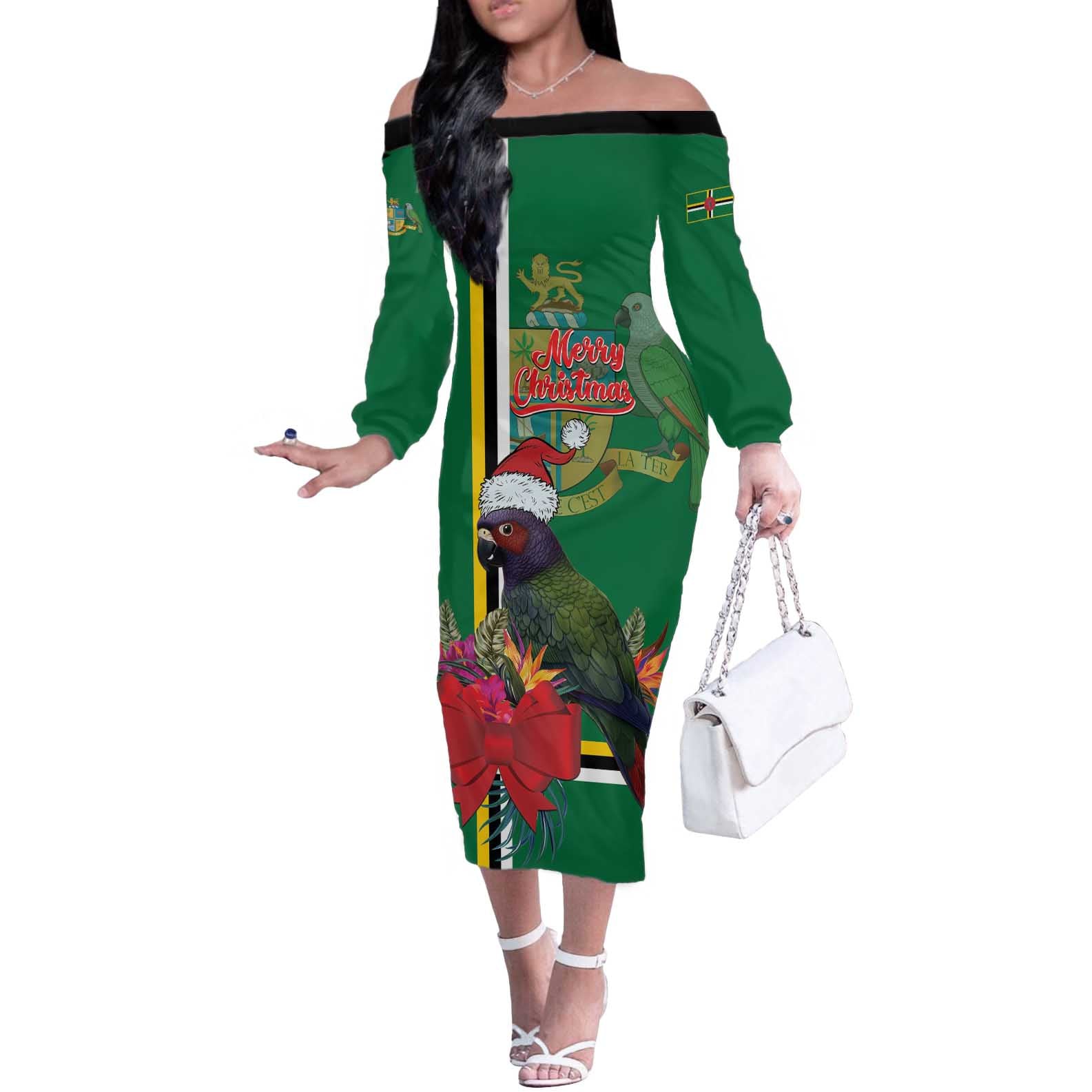 Dominica Christmas Coquette Bow Off The Shoulder Long Sleeve Dress Sisserou Parrot Tropical Flower - Wonder Print Shop