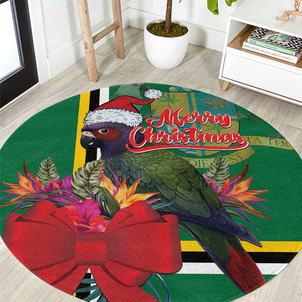 Green round Christmas parrot rug with poinsettia bow and 'Merry Christmas' text