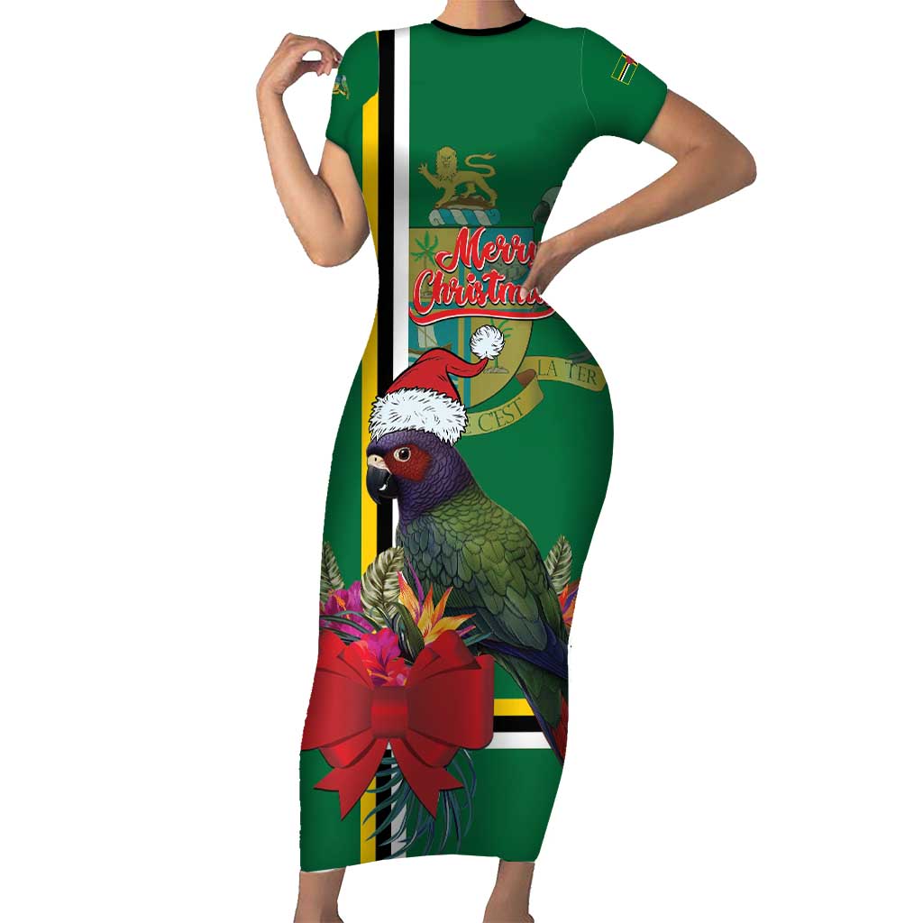 Dominica Christmas Coquette Bow Short Sleeve Bodycon Dress Sisserou Parrot Tropical Flower - Wonder Print Shop