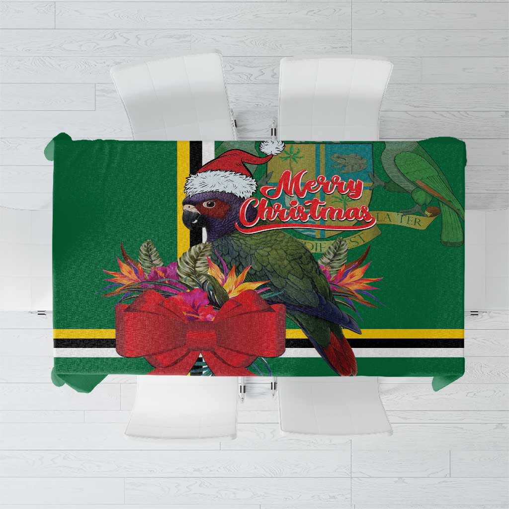 Green tropical parrot tablecloth with poinsettia and “Merry Christmas” banner center panel