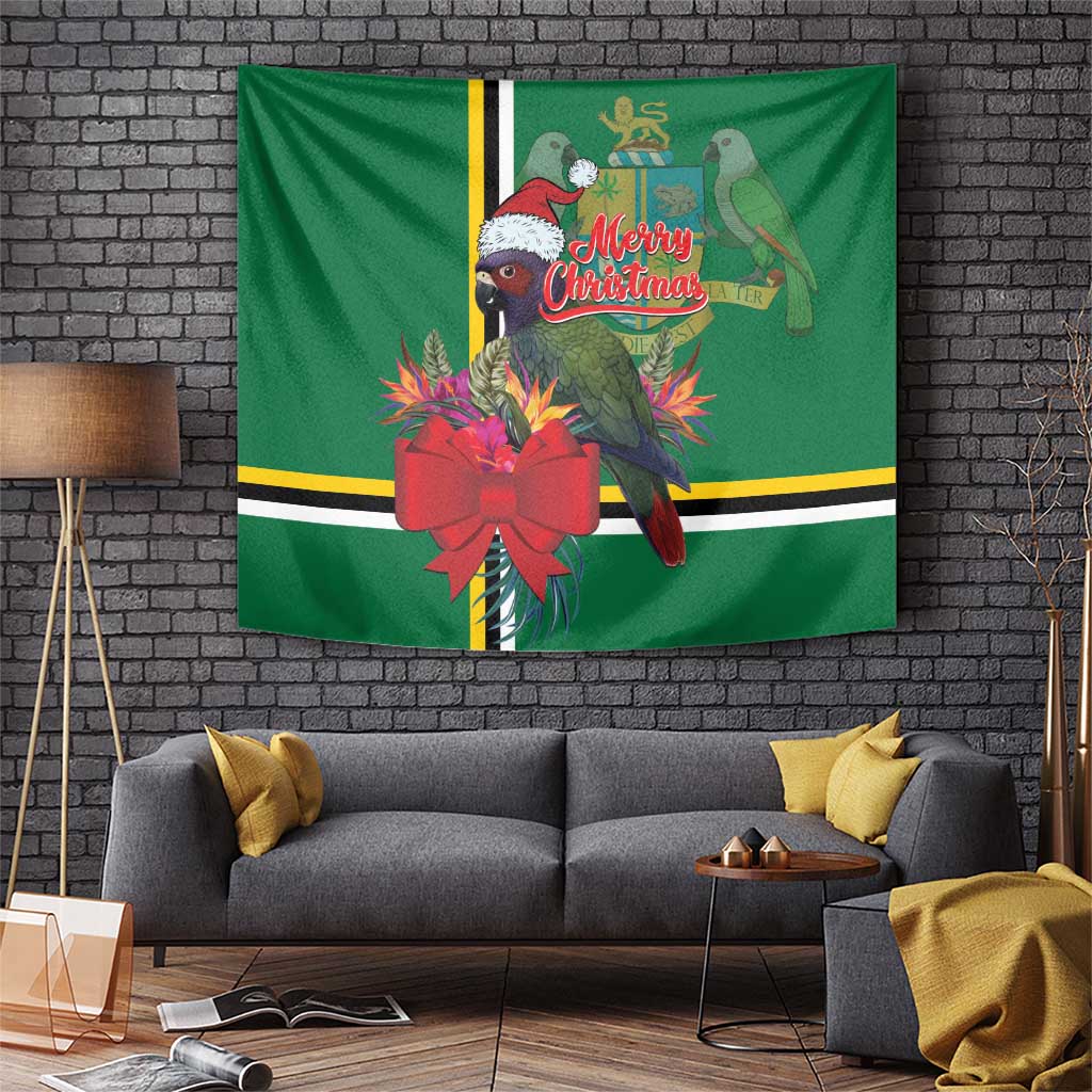 Green Christmas tapestry with tropical parrots, red bow, and Merry Christmas text