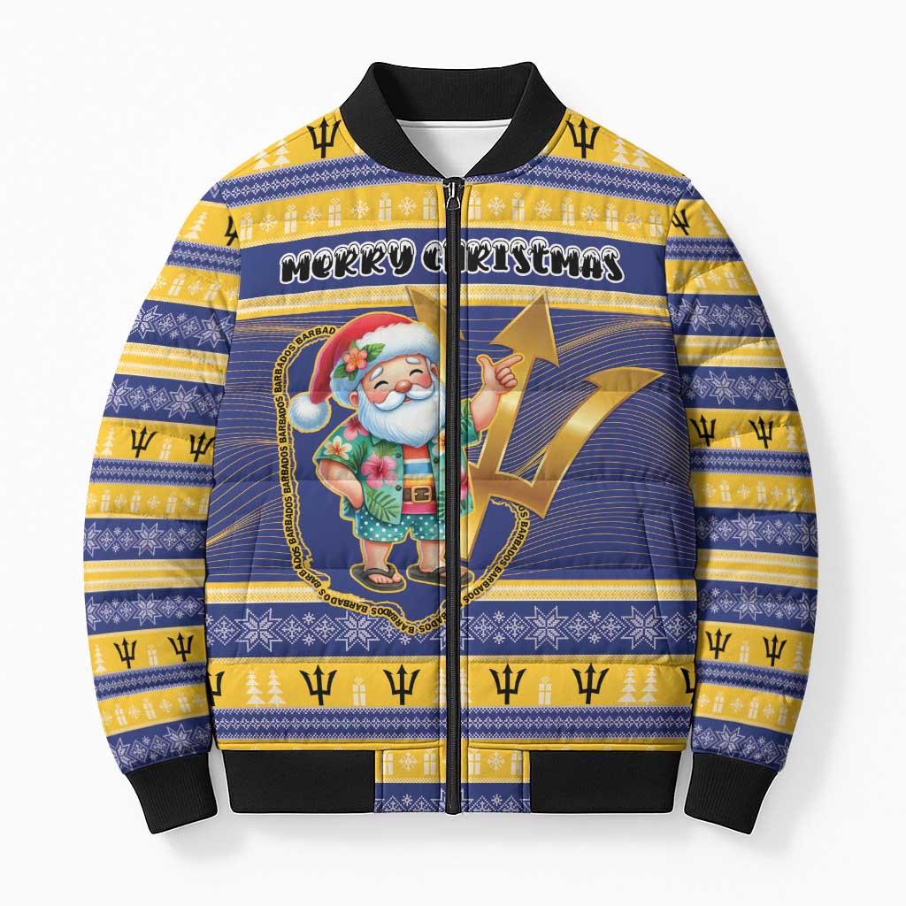 Personalized Barbados Christmas Bomber Puffer Jacket Bajan Map Santa Trident - Wonder Print Shop