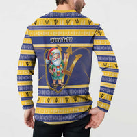 Personalized Barbados Christmas Button Sweatshirt Bajan Map Santa Trident - Wonder Print Shop