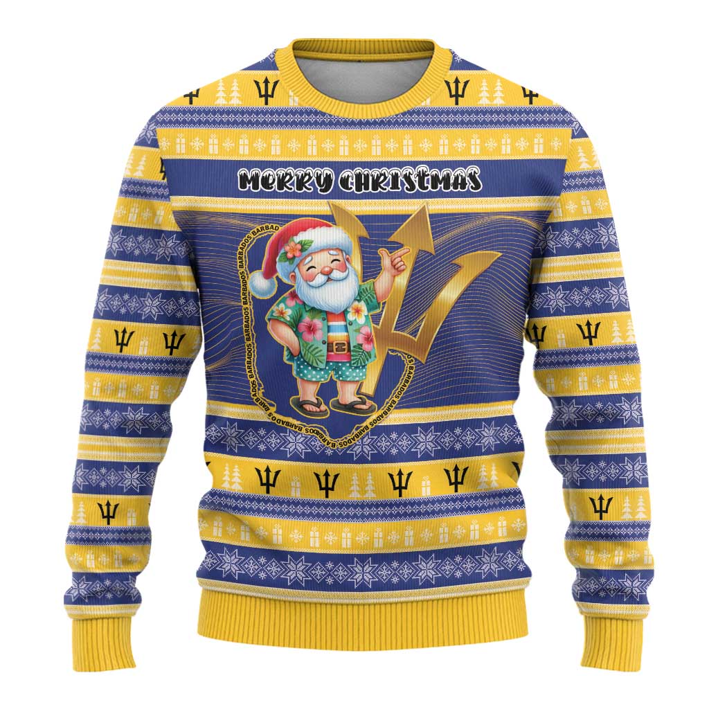 Personalized Barbados Christmas Ugly Christmas Sweater Bajan Map Santa Trident - Wonder Print Shop