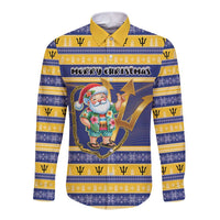Personalized Barbados Christmas Long Sleeve Button Shirt Bajan Map Santa Trident - Wonder Print Shop