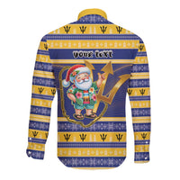 Personalized Barbados Christmas Long Sleeve Button Shirt Bajan Map Santa Trident - Wonder Print Shop