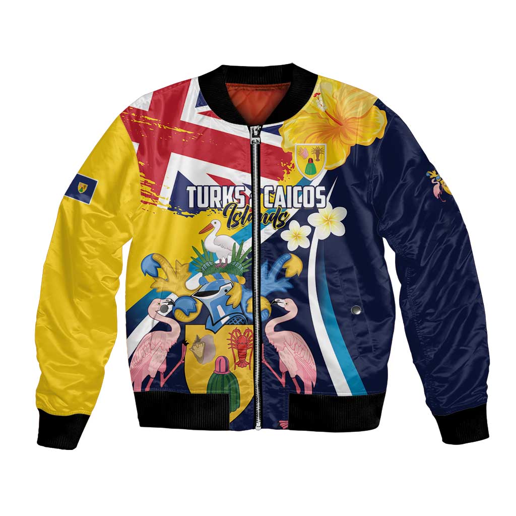 Personalised Turks and Caicos Islands Bomber Jacket Coat Of Arms Tropical Flowers