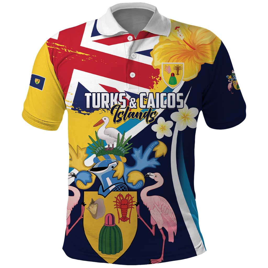 Personalised Turks and Caicos Islands Polo Shirt Coat Of Arms Tropical Flowers