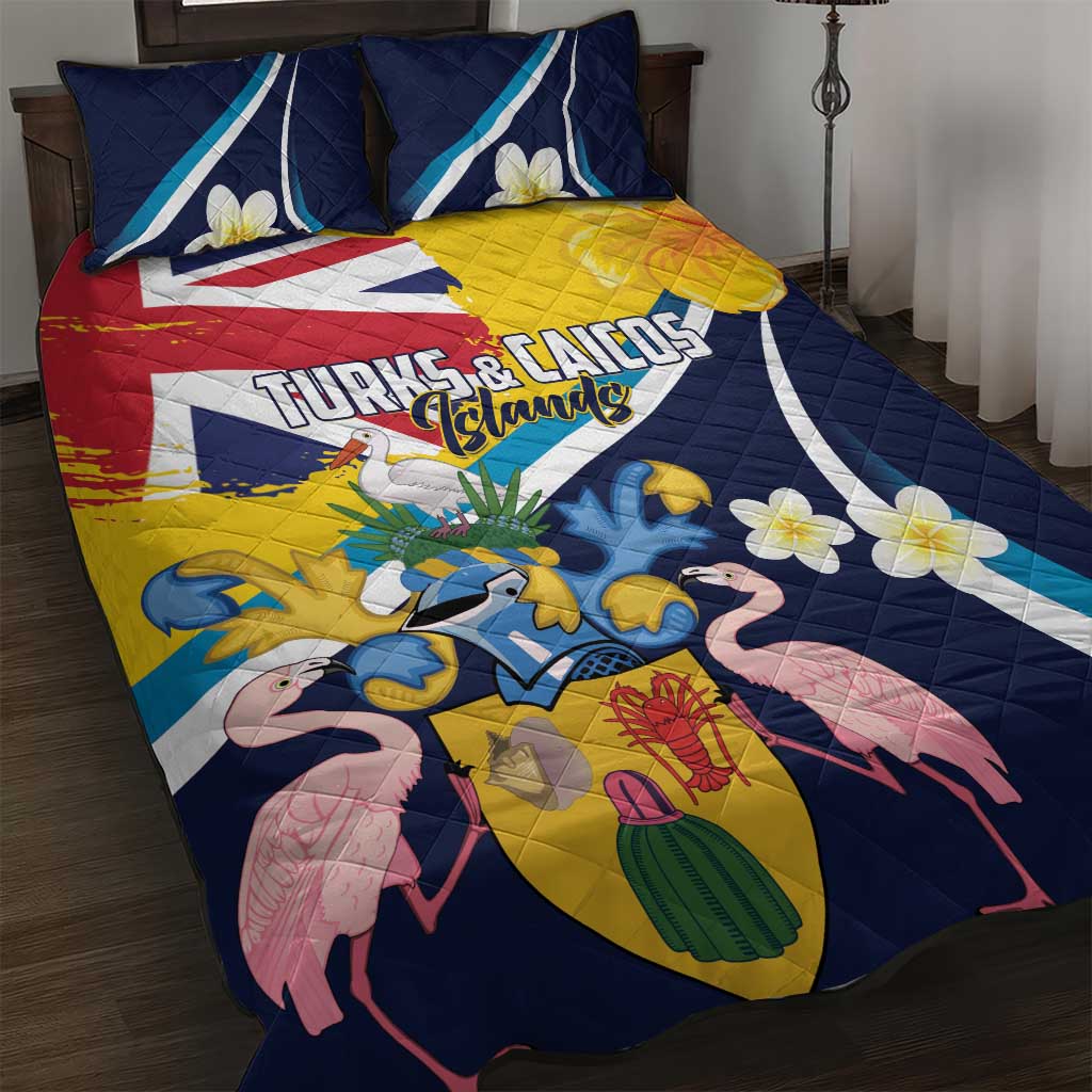 Turks and Caicos Islands Quilt Bed Set Coat Of Arms Tropical Flowers