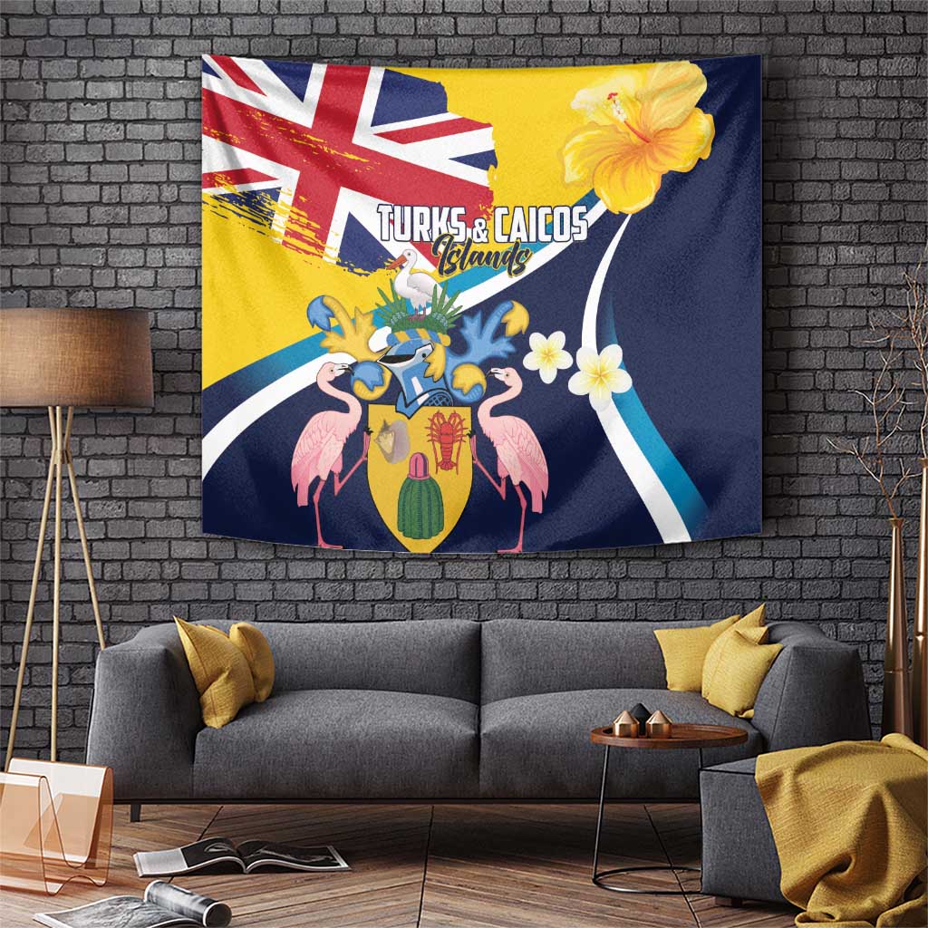 Tropical wall tapestry featuring Turks & Caicos coat of arms, flamingos, flowers, and blue waves