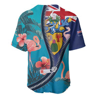 Teal flamingo baseball jersey with front zipper and colorful tropical pattern