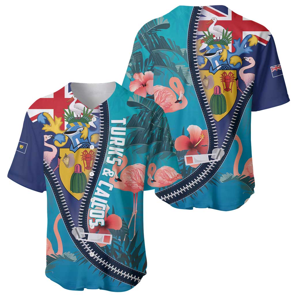 Turquoise flamingo baseball jersey with front zipper, tropical collage graphic
