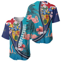 Turquoise flamingo baseball jersey with front zipper, tropical collage graphic