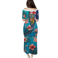 Turquoise long dress, back view, flamingo and floral print with zipper graphic