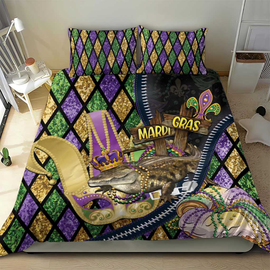 Mardi Gras Alligator Bedding Set Colorful Zipper Stylized