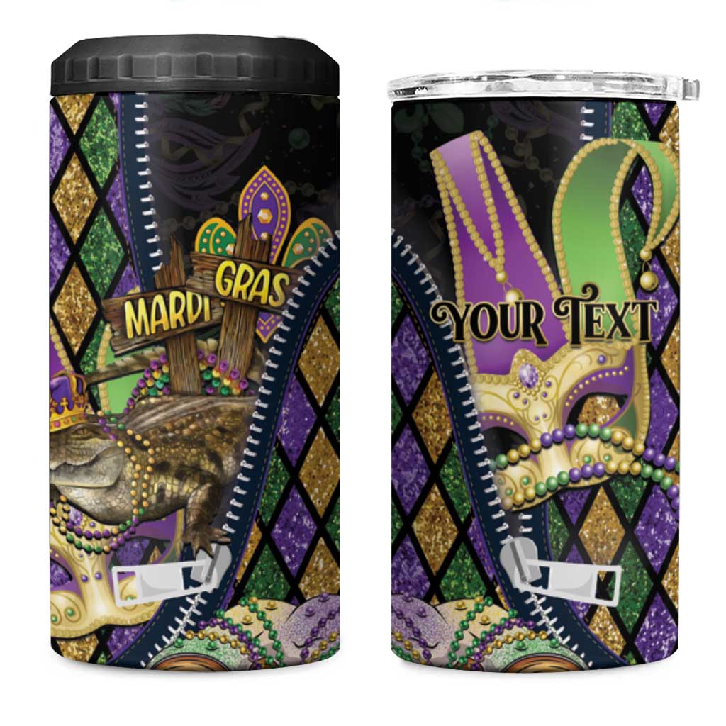 Personalized Mardi Gras Alligator 4 in 1 Can Cooler Tumbler Colorful Zipper Stylized