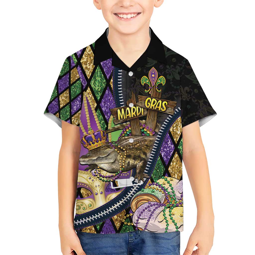 Personalized Mardi Gras Alligator Kid Hawaiian Shirt Colorful Zipper Stylized