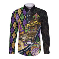 Personalized Mardi Gras Alligator Long Sleeve Button Shirt Colorful Zipper Stylized