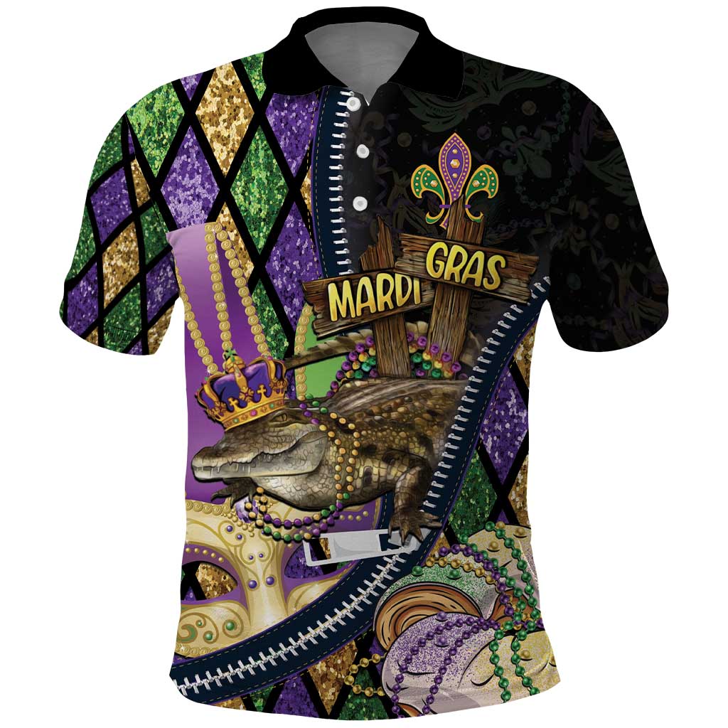 Personalized Mardi Gras Alligator Polo Shirt Colorful Zipper Stylized