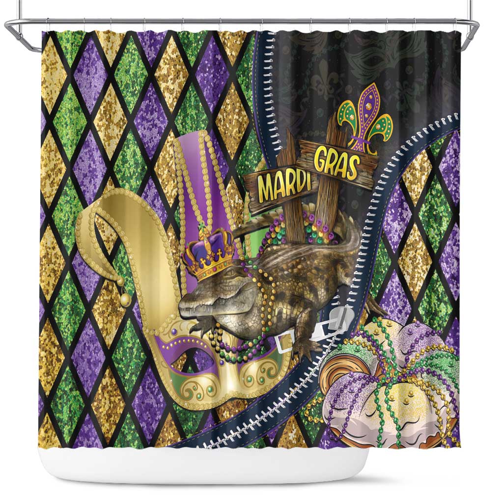 Mardi Gras Alligator Shower Curtain Colorful Zipper Stylized