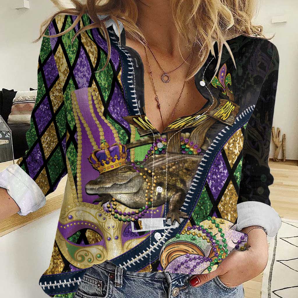 Personalized Mardi Gras Alligator Women Casual Shirt Colorful Zipper Stylized