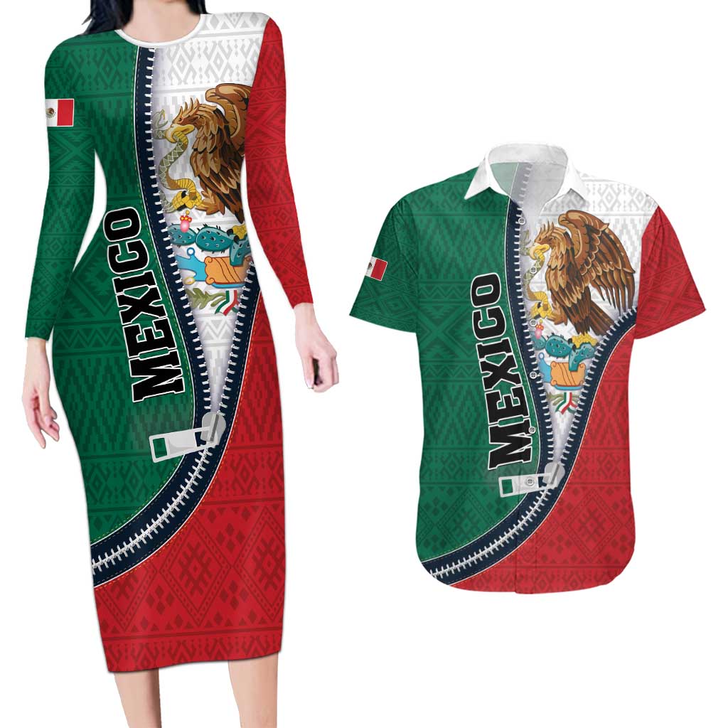 Personalized Mexico Flag Day Couples Matching Long Sleeve Bodycon Dress and Hawaiian Shirt Mexican Coat Of Arms Zipper Stylized