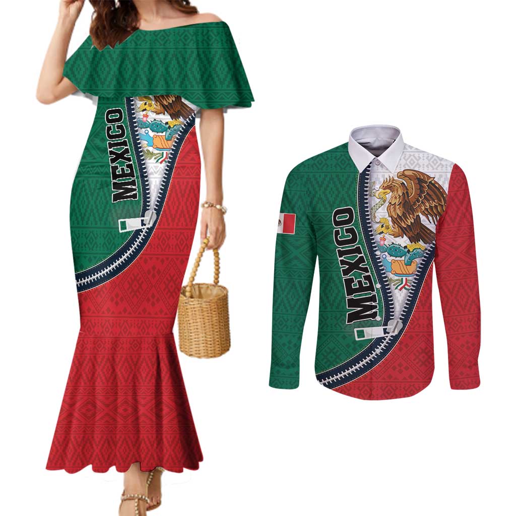 Personalized Mexico Flag Day Couples Matching Mermaid Dress and Long Sleeve Button Shirt Mexican Coat Of Arms Zipper Stylized