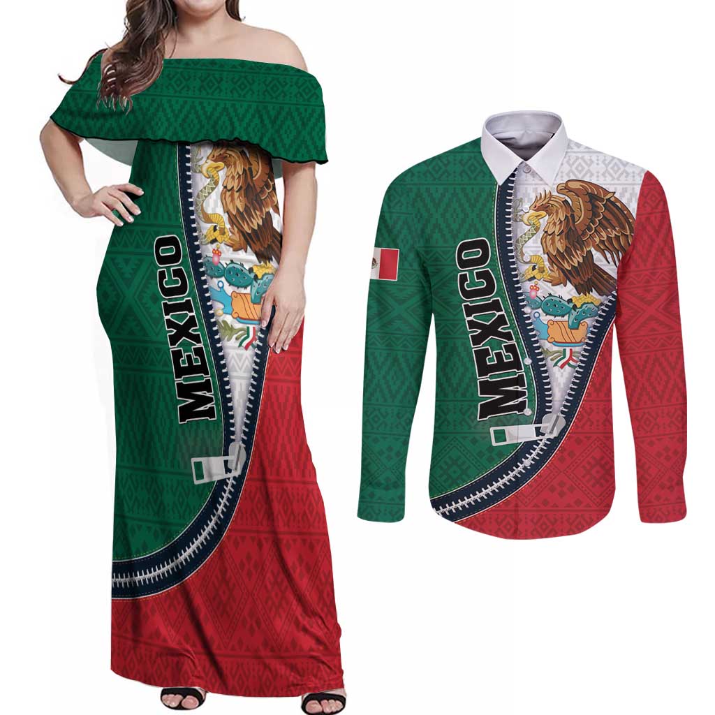 Personalized Mexico Flag Day Couples Matching Off Shoulder Maxi Dress and Long Sleeve Button Shirt Mexican Coat Of Arms Zipper Stylized