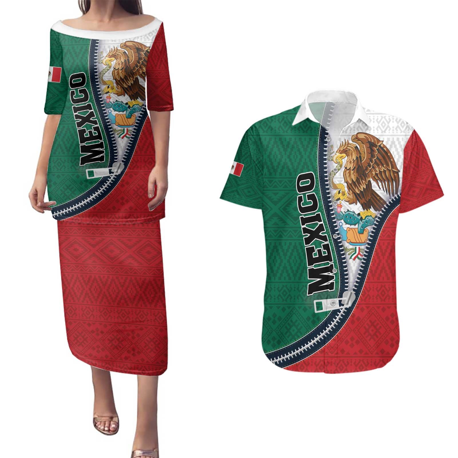 Personalized Mexico Flag Day Couples Matching Puletasi and Hawaiian Shirt Mexican Coat Of Arms Zipper Stylized