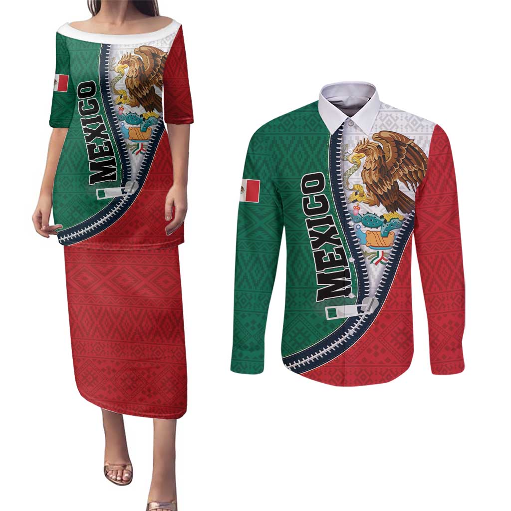 Personalized Mexico Flag Day Couples Matching Puletasi and Long Sleeve Button Shirt Mexican Coat Of Arms Zipper Stylized