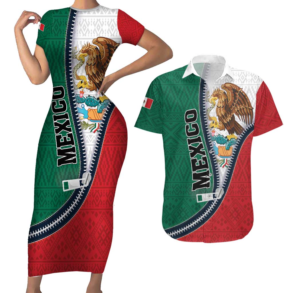 Personalized Mexico Flag Day Couples Matching Short Sleeve Bodycon Dress and Hawaiian Shirt Mexican Coat Of Arms Zipper Stylized