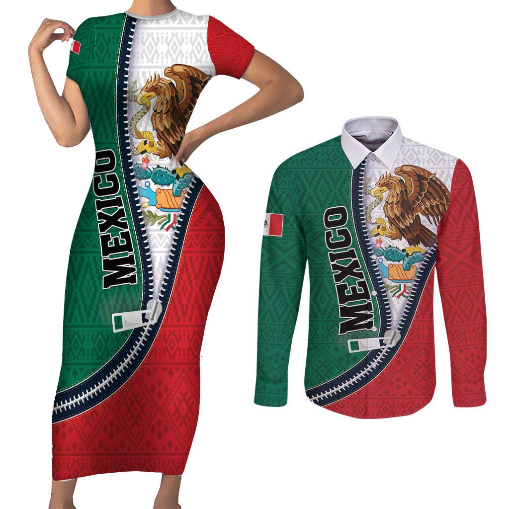 Personalized Mexico Flag Day Couples Matching Short Sleeve Bodycon Dress and Long Sleeve Button Shirt Mexican Coat Of Arms Zipper Stylized