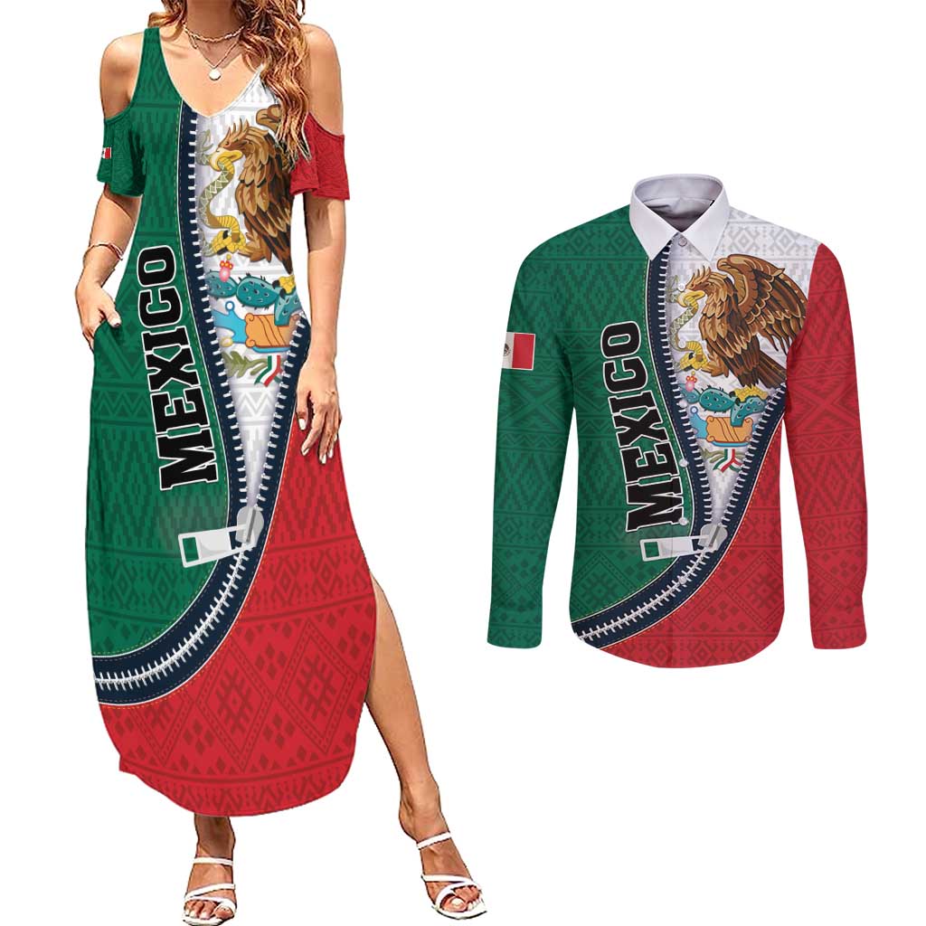 Personalized Mexico Flag Day Couples Matching Summer Maxi Dress and Long Sleeve Button Shirt Mexican Coat Of Arms Zipper Stylized