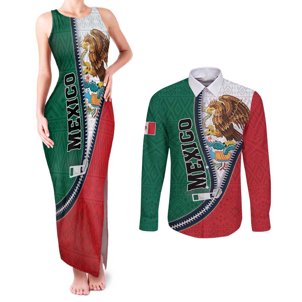 Personalized Mexico Flag Day Couples Matching Tank Maxi Dress and Long Sleeve Button Shirt Mexican Coat Of Arms Zipper Stylized