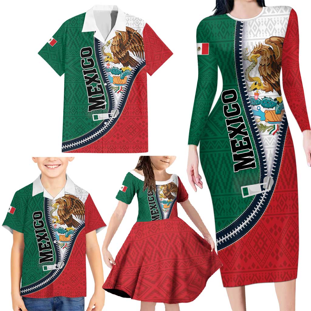 Personalized Mexico Flag Day Family Matching Long Sleeve Bodycon Dress and Hawaiian Shirt Mexican Coat Of Arms Zipper Stylized