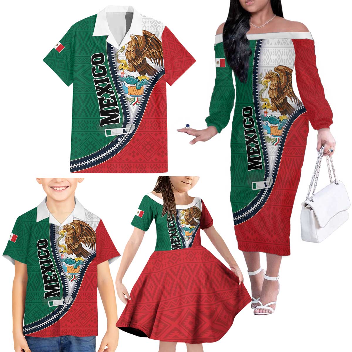 Personalized Mexico Flag Day Family Matching Off The Shoulder Long Sleeve Dress and Hawaiian Shirt Mexican Coat Of Arms Zipper Stylized