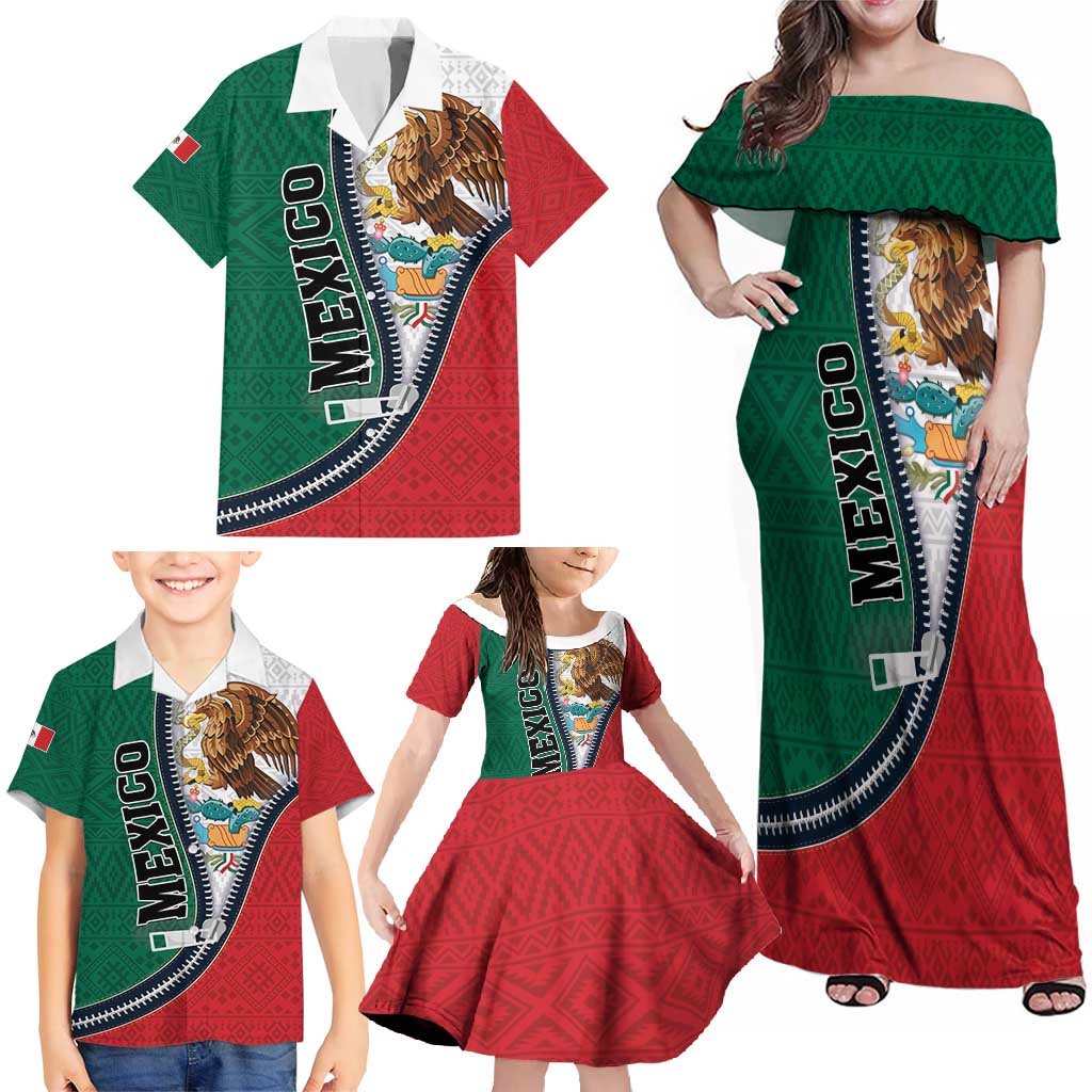 Personalized Mexico Flag Day Family Matching Off Shoulder Maxi Dress and Hawaiian Shirt Mexican Coat Of Arms Zipper Stylized