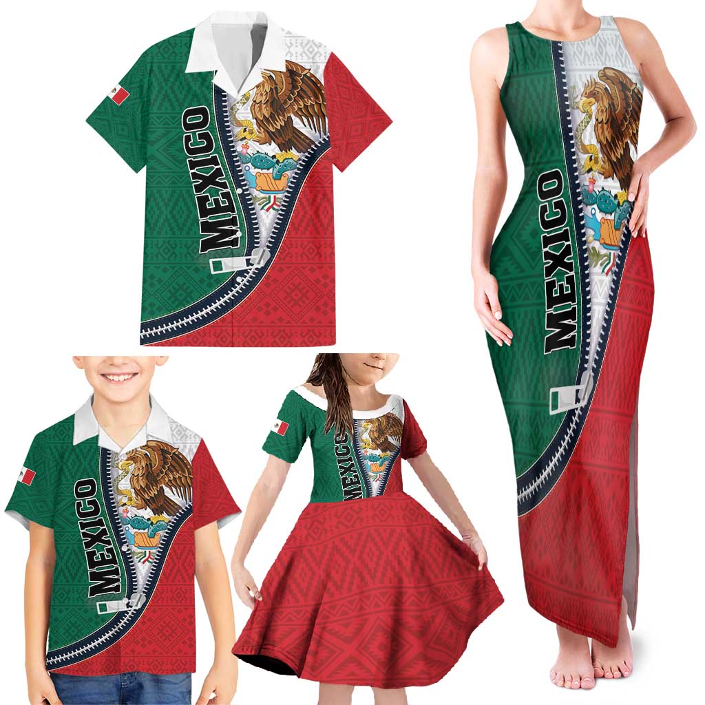 Personalized Mexico Flag Day Family Matching Tank Maxi Dress and Hawaiian Shirt Mexican Coat Of Arms Zipper Stylized