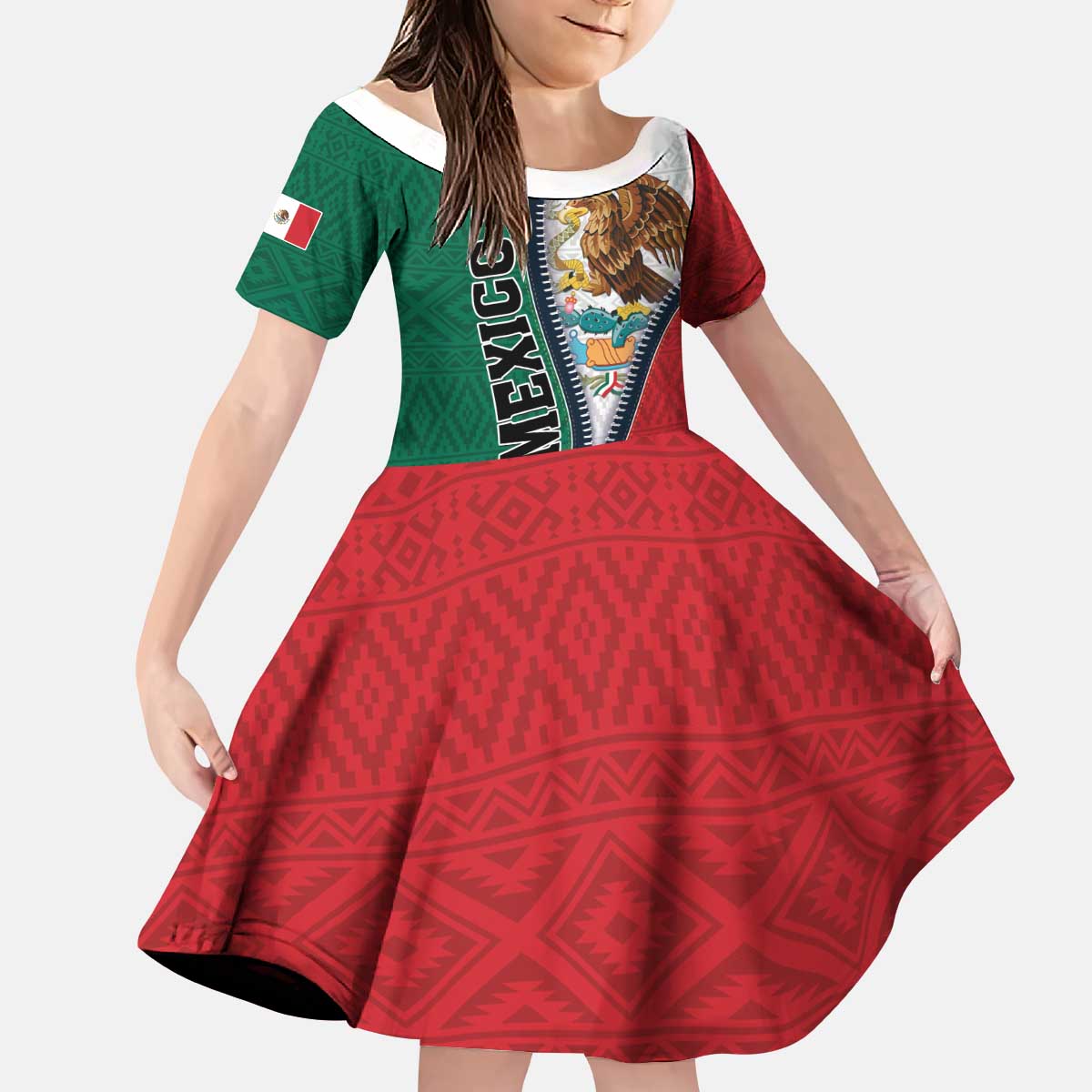 Personalized Mexico Flag Day Kid Short Sleeve Dress Mexican Coat Of Arms Zipper Stylized