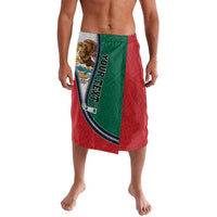 Zippered knee-length lavalava with red/green panels and coat of arms emblem