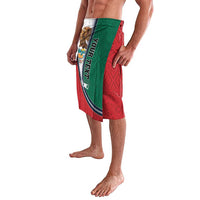 Zippered knee-length lavalava with green band, red panel, and vertical lettering